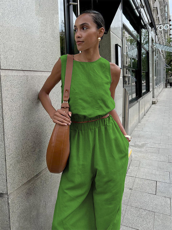 Two Piece Sets Khaki Street Wear Cotton Jewel Neck Sleeveless Chic Pant Set
