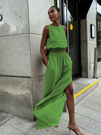 Two Piece Sets Khaki Street Wear Cotton Jewel Neck Sleeveless Chic Pant Set