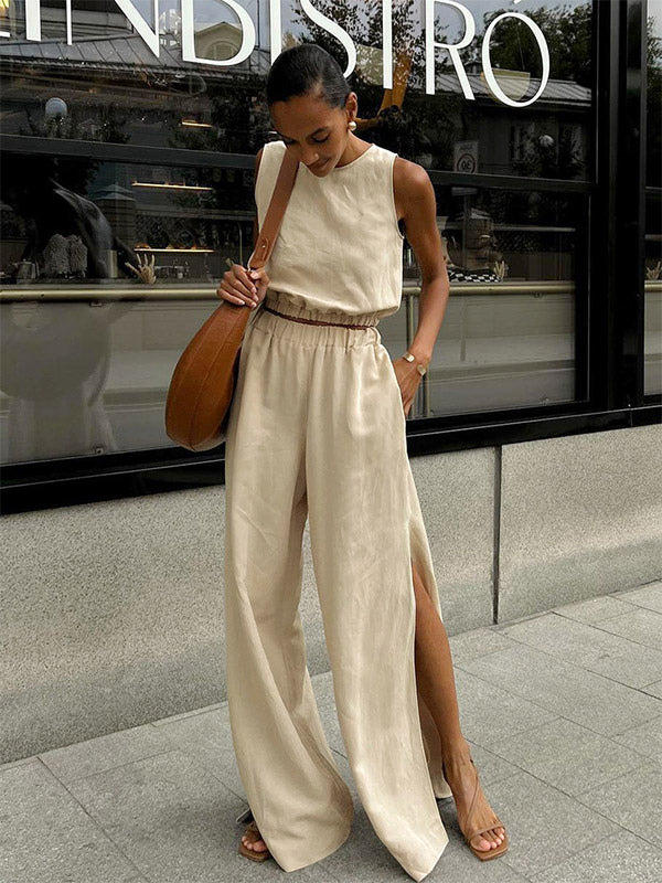 Two Piece Sets Khaki Street Wear Cotton Jewel Neck Sleeveless Chic Pant Set
