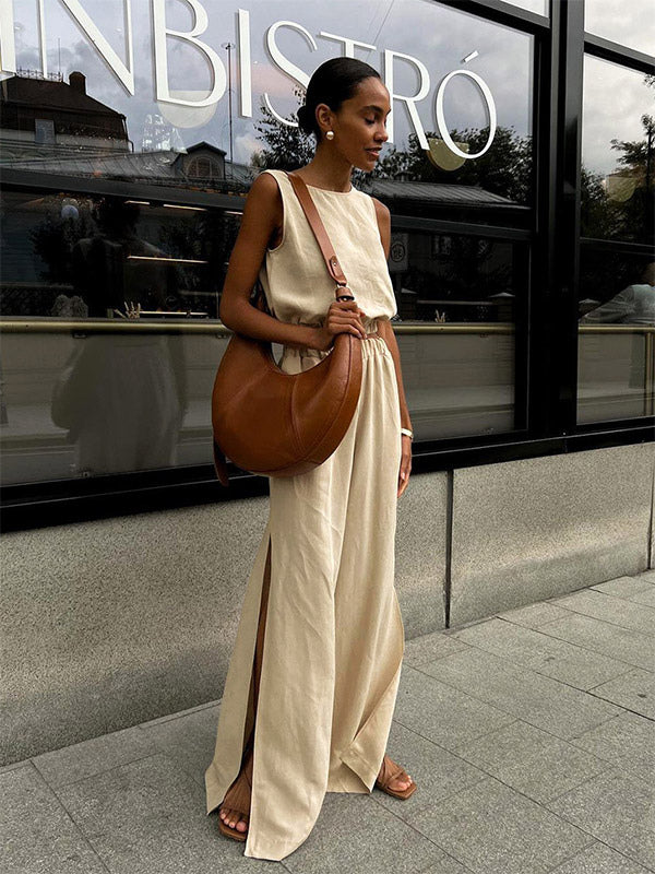 Two Piece Sets Khaki Street Wear Cotton Jewel Neck Sleeveless Chic Pant Set