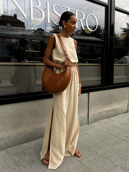 Two Piece Sets Khaki Street Wear Cotton Jewel Neck Sleeveless Chic Pant Set