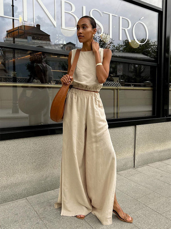 Two Piece Sets Khaki Street Wear Cotton Jewel Neck Sleeveless Chic Pant Set