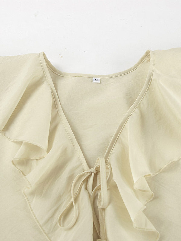 Two Piece Sets White Daily Casual Ruffles V-Neck Long Sleeves Pant Set