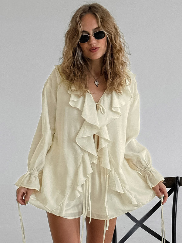 Two Piece Sets White Daily Casual Ruffles V-Neck Long Sleeves Pant Set