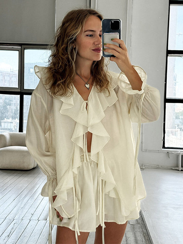 Two Piece Sets White Daily Casual Ruffles V-Neck Long Sleeves Pant Set