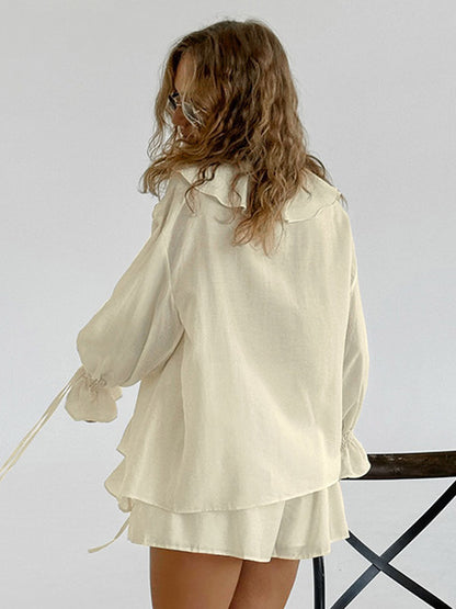 Two Piece Sets White Daily Casual Ruffles V-Neck Long Sleeves Pant Set