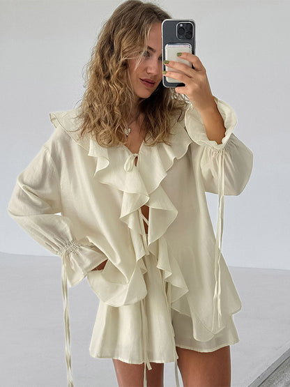 Two Piece Sets White Daily Casual Ruffles V-Neck Long Sleeves Pant Set