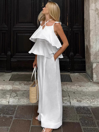 Two Piece Sets White Party Cotton Straps Neck Sleeveless Casual Pant Set