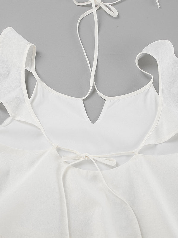 Two Piece Sets White Party Cotton Straps Neck Sleeveless Casual Pant Set