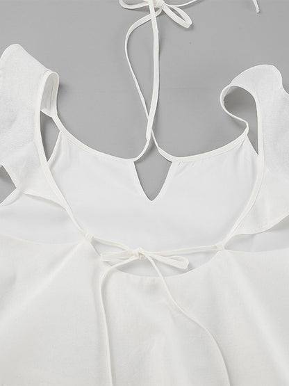 Two Piece Sets White Party Cotton Straps Neck Sleeveless Casual Pant Set
