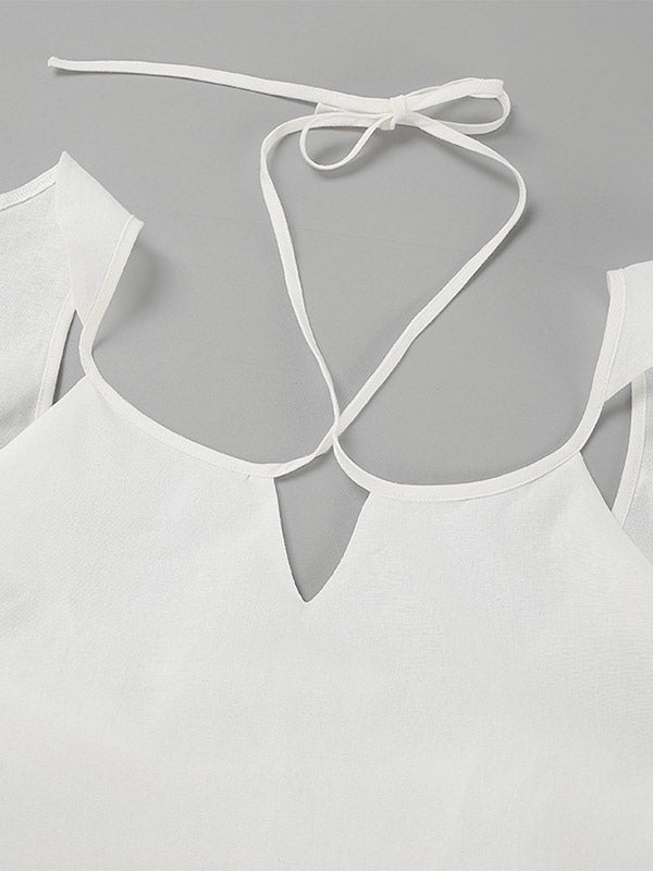 Two Piece Sets White Party Cotton Straps Neck Sleeveless Casual Pant Set
