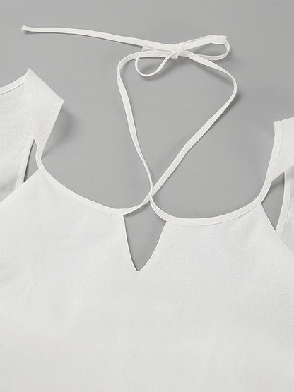 Two Piece Sets White Party Cotton Straps Neck Sleeveless Casual Pant Set