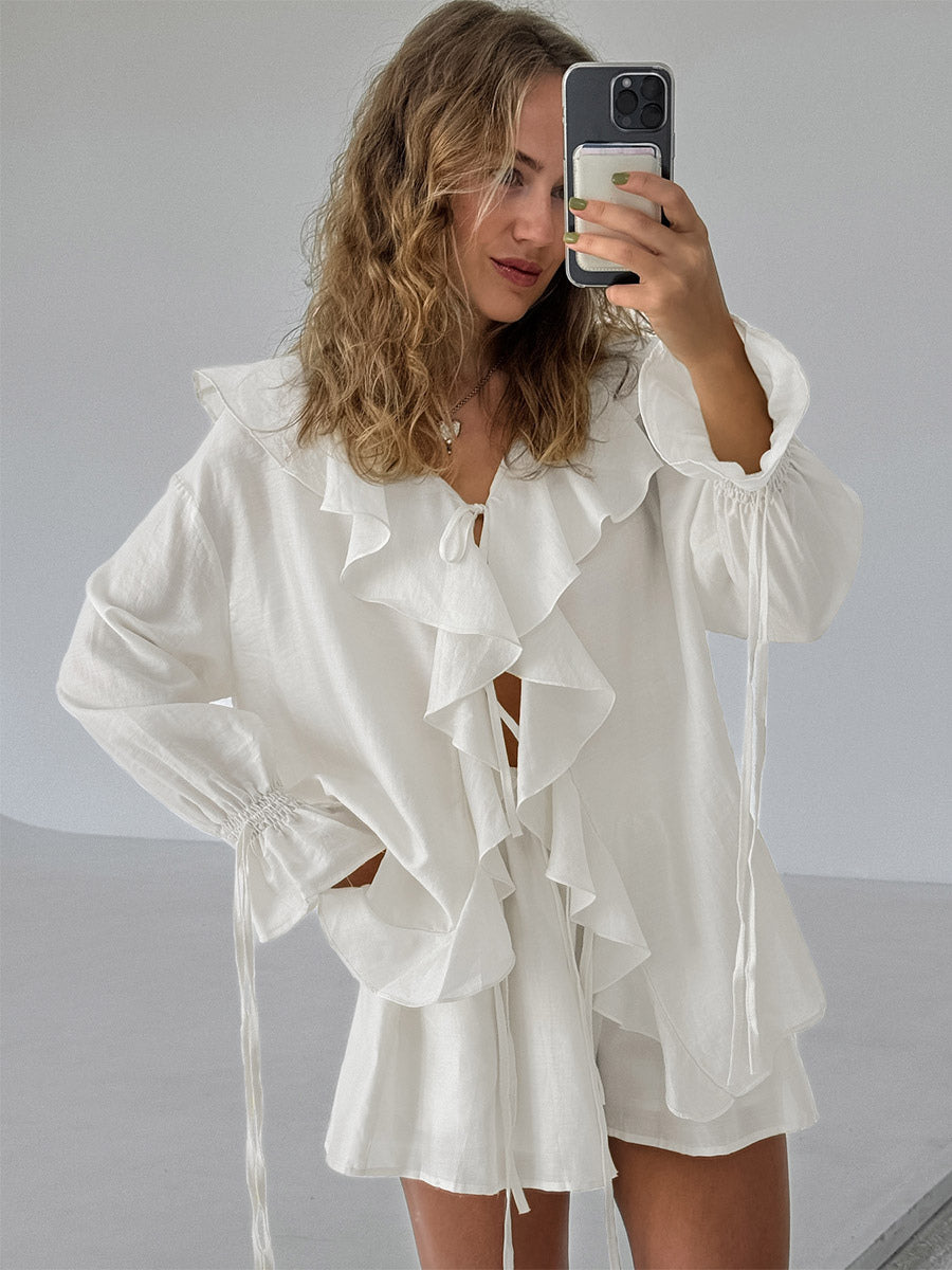 Two Piece Sets White Daily Casual Ruffles V-Neck Long Sleeves Pant Set