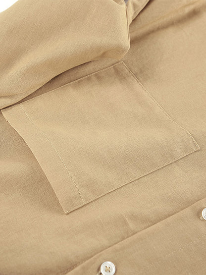 Two Piece Sets Khaki Chic Street Wear Cotton Linen Turndown Collar Long Sleeves Pant Set
