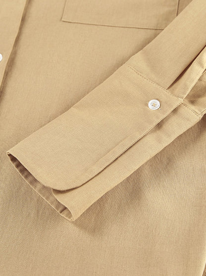 Two Piece Sets Khaki Chic Street Wear Cotton Linen Turndown Collar Long Sleeves Pant Set