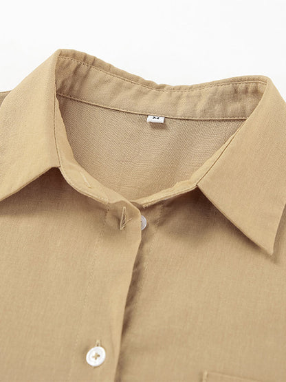Two Piece Sets Khaki Chic Street Wear Cotton Linen Turndown Collar Long Sleeves Pant Set