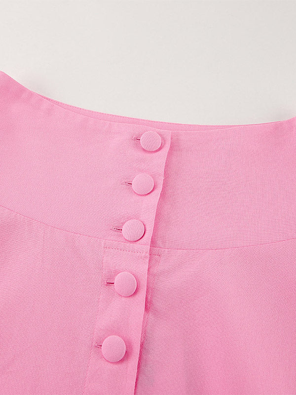 Two Piece Sets Pink Casual Buttons Street Wear Jewel Neck Short Sleeves Skirt Set