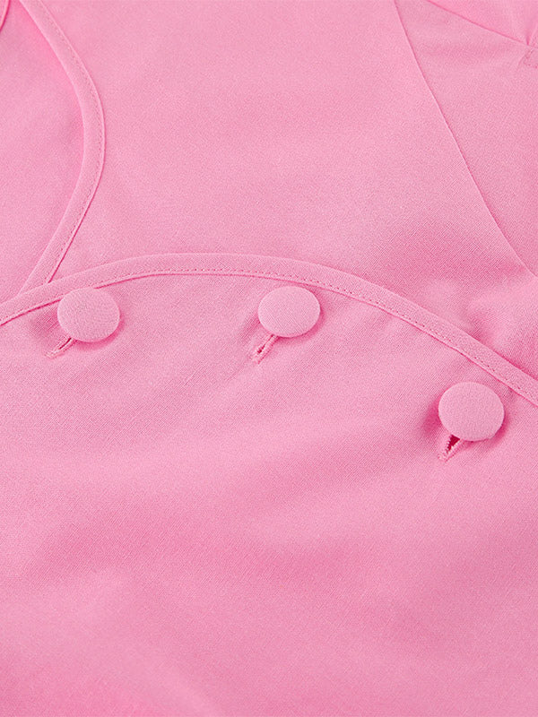 Two Piece Sets Pink Casual Buttons Street Wear Jewel Neck Short Sleeves Skirt Set