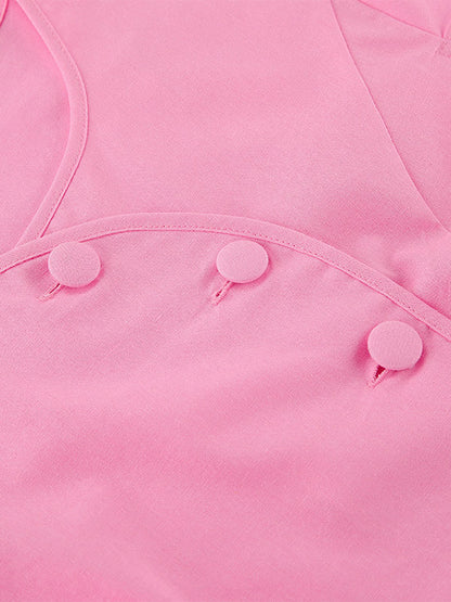 Two Piece Sets Pink Casual Buttons Street Wear Jewel Neck Short Sleeves Skirt Set