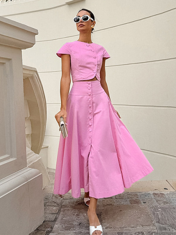 Two Piece Sets Pink Casual Buttons Street Wear Jewel Neck Short Sleeves Skirt Set