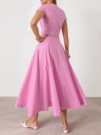 Two Piece Sets Pink Casual Buttons Street Wear Jewel Neck Short Sleeves Skirt Set