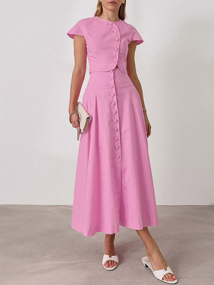 Two Piece Sets Pink Casual Buttons Street Wear Jewel Neck Short Sleeves Skirt Set