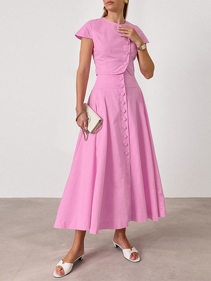 Two Piece Sets Pink Casual Buttons Street Wear Jewel Neck Short Sleeves Skirt Set