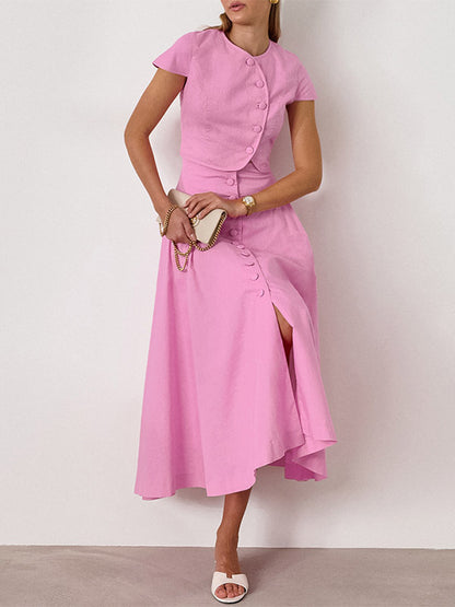 Two Piece Sets Pink Casual Buttons Street Wear Jewel Neck Short Sleeves Skirt Set