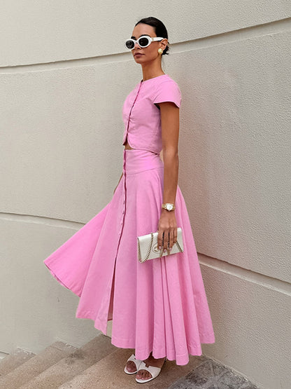 Two Piece Sets Pink Casual Buttons Street Wear Jewel Neck Short Sleeves Skirt Set