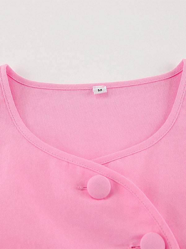 Two Piece Sets Pink Casual Buttons Street Wear Jewel Neck Short Sleeves Skirt Set