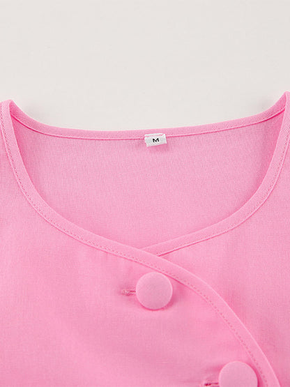Two Piece Sets Pink Casual Buttons Street Wear Jewel Neck Short Sleeves Skirt Set
