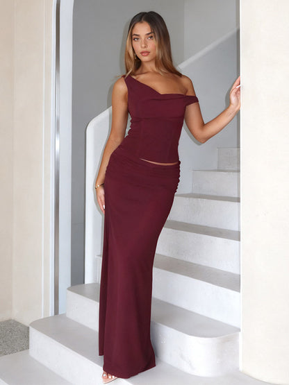 Two Piece Sets Burgundy Chic Dating V-Neck Backless Sleeveless Skirt Set