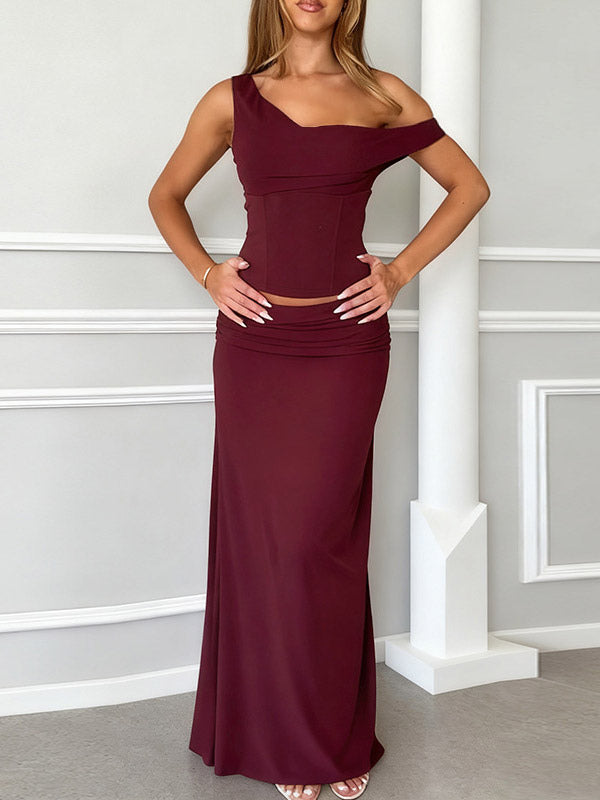 Two Piece Sets Burgundy Chic Dating V-Neck Backless Sleeveless Skirt Set