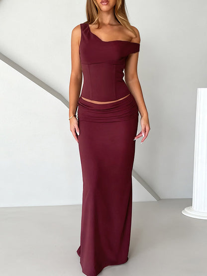 Two Piece Sets Burgundy Chic Dating V-Neck Backless Sleeveless Skirt Set