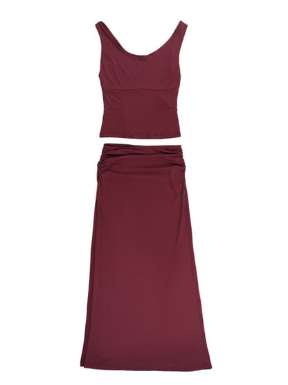 Two Piece Sets Burgundy Chic Dating V-Neck Backless Sleeveless Skirt Set