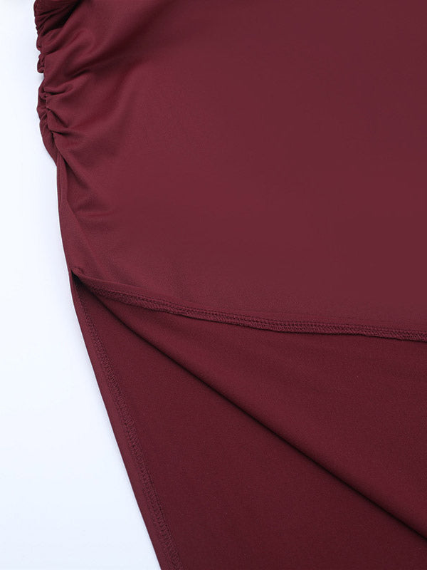 Two Piece Sets Burgundy Chic Dating V-Neck Backless Sleeveless Skirt Set
