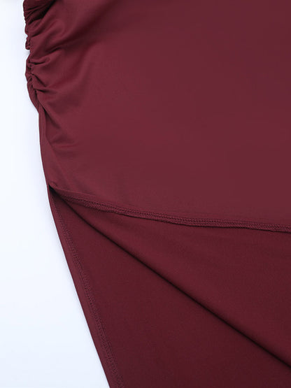 Two Piece Sets Burgundy Chic Dating V-Neck Backless Sleeveless Skirt Set