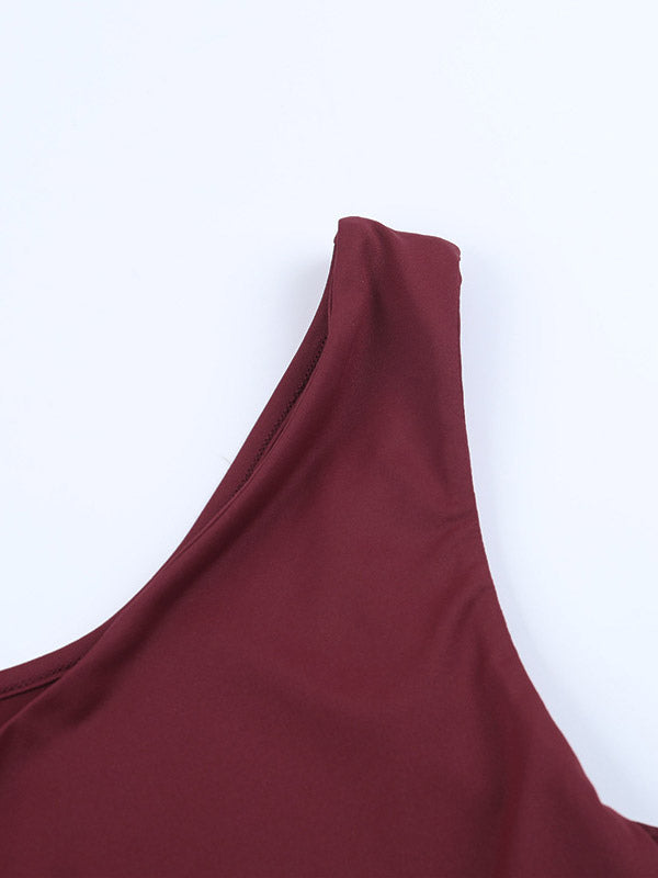 Two Piece Sets Burgundy Chic Dating V-Neck Backless Sleeveless Skirt Set