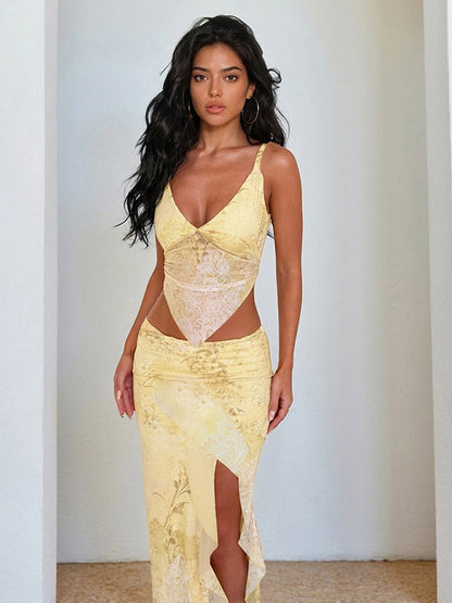 Two Piece Sets Yellow Sexy Street Wear V-Neck Sleeveless Top Skirt Set