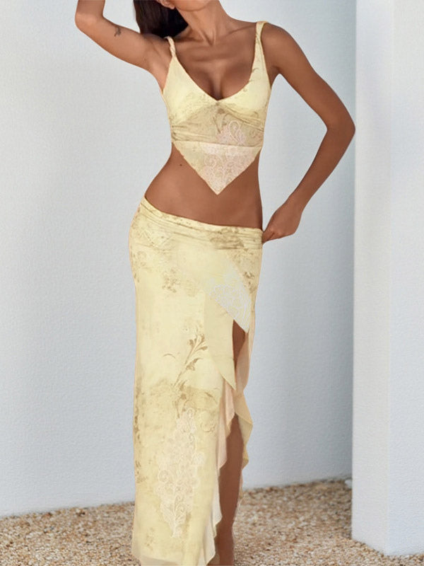 Two Piece Sets Yellow Sexy Street Wear V-Neck Sleeveless Top Skirt Set
