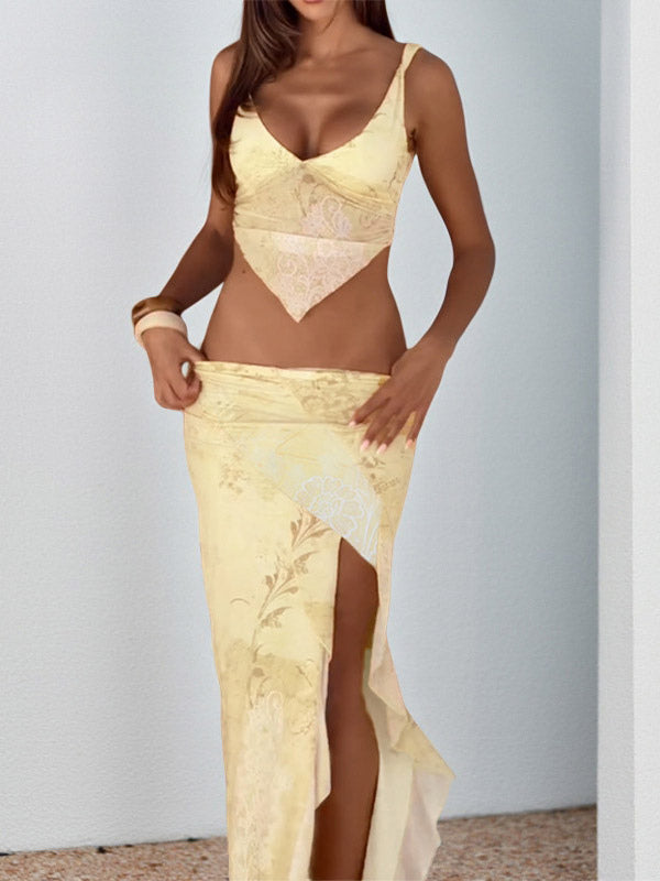 Two Piece Sets Yellow Sexy Street Wear V-Neck Sleeveless Top Skirt Set