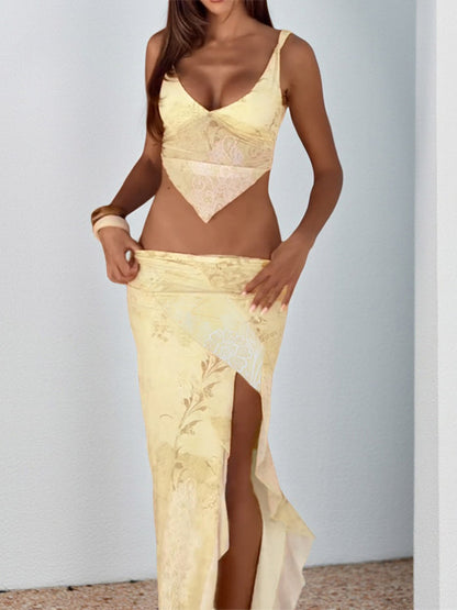 Two Piece Sets Yellow Sexy Street Wear V-Neck Sleeveless Top Skirt Set