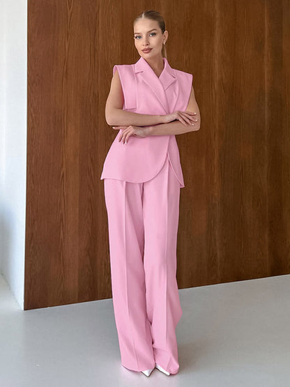 Two Piece Sets Pink Chic Daily Casual Turndown Collar Sleeveless Pant Set