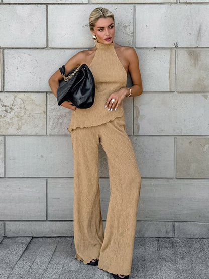 Two Piece Sets Green Halter Backless Sleeveless Top Pant Set