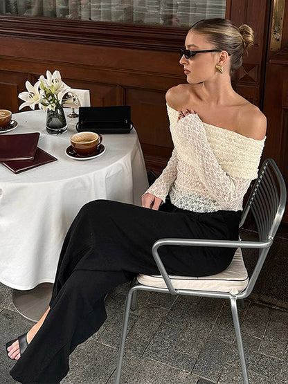 Blouse For Women Apricot Pleated Ruched Lace Off-The-Shoulder Elegant Long Sleeves Tops