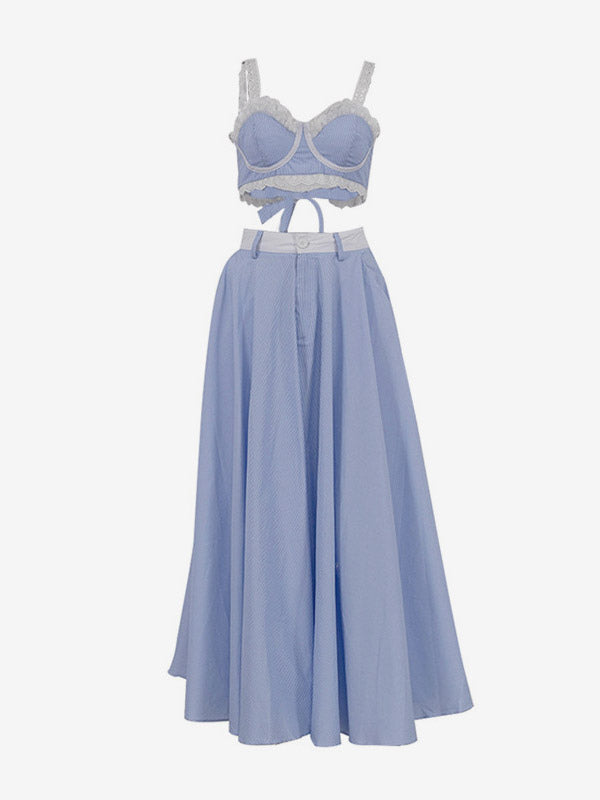 Two Piece Sets Blue Stripes Street Wear Lace Chic Straps Neck Sleeveless Skirt Set