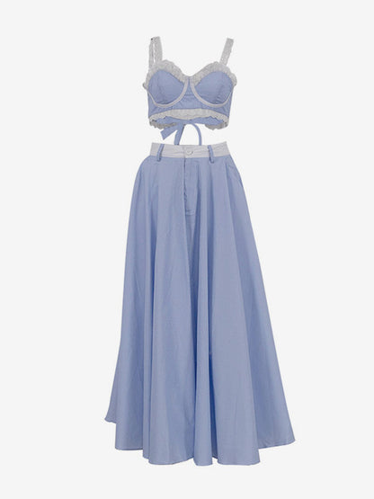 Two Piece Sets Blue Stripes Street Wear Lace Chic Straps Neck Sleeveless Skirt Set