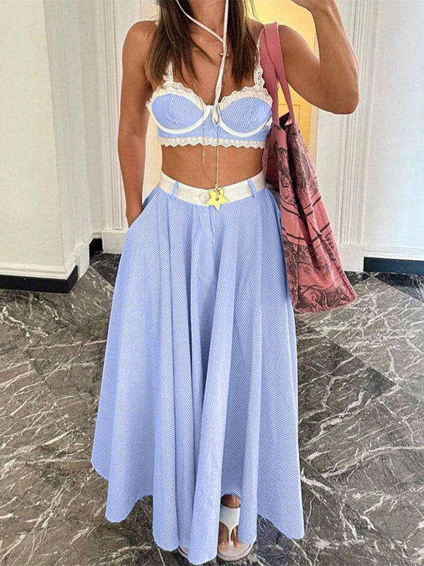 Two Piece Sets Blue Stripes Street Wear Lace Chic Straps Neck Sleeveless Skirt Set