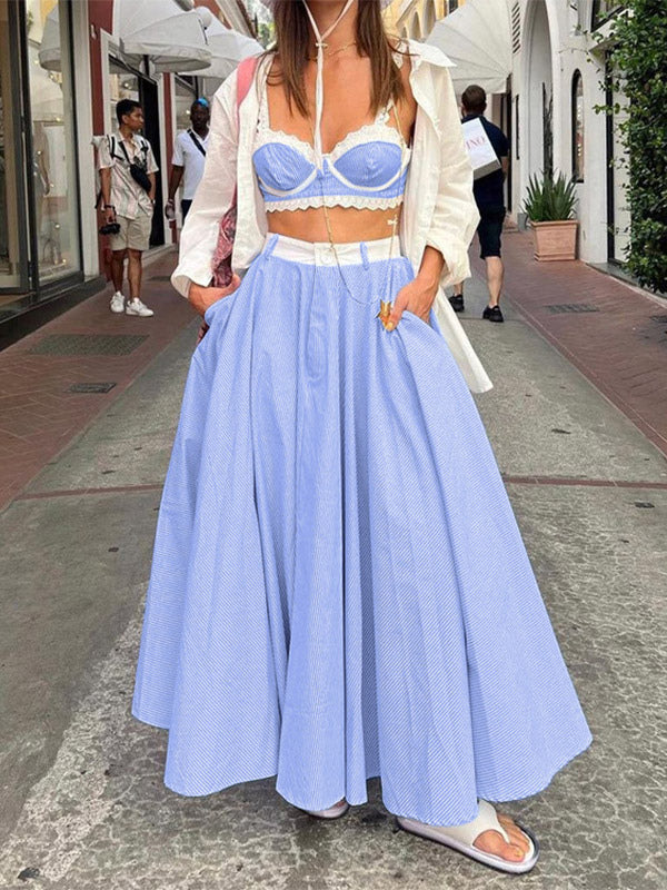 Two Piece Sets Blue Stripes Street Wear Lace Chic Straps Neck Sleeveless Skirt Set