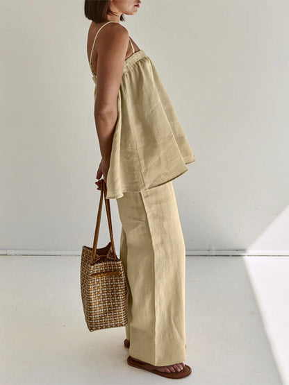 Two Piece Sets Khaki Casual Street Wear Straps Neck Sleeveless Pant Set